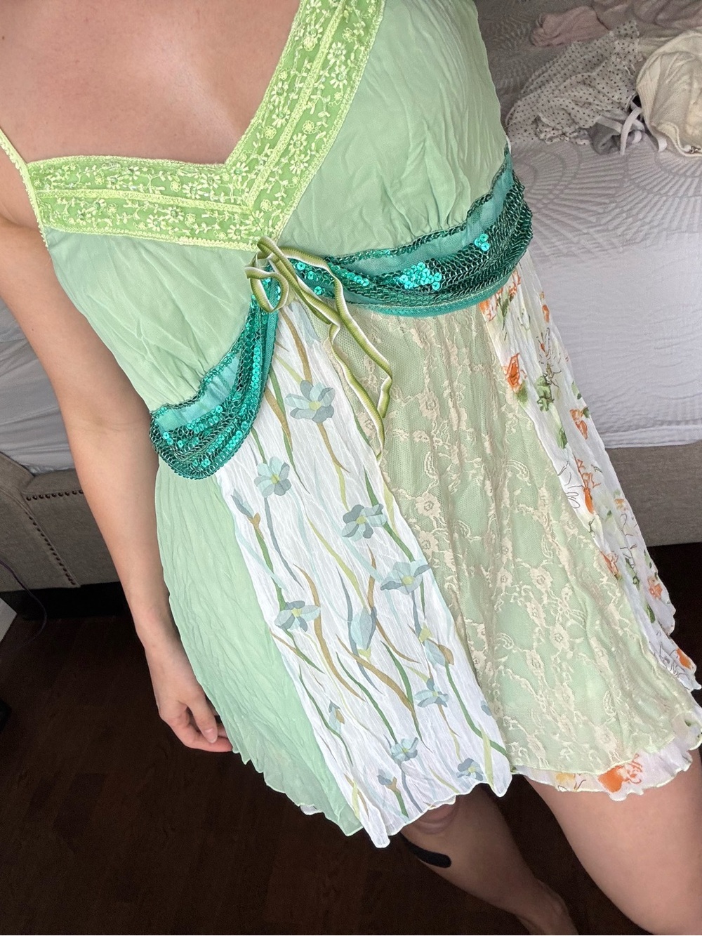Light Green Patchwork Silk Summer Dress with Teal Sequin Waist